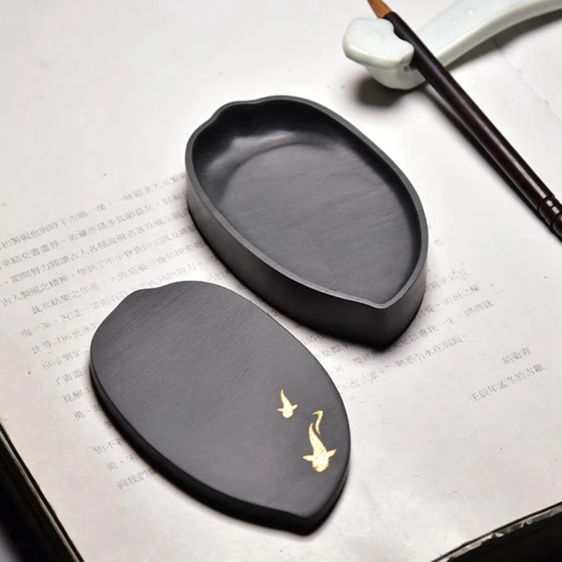 1pc Portable Natural She Ink Stone Inkstone With Cover Chinese Water Brush Calligraphy Painting Tool