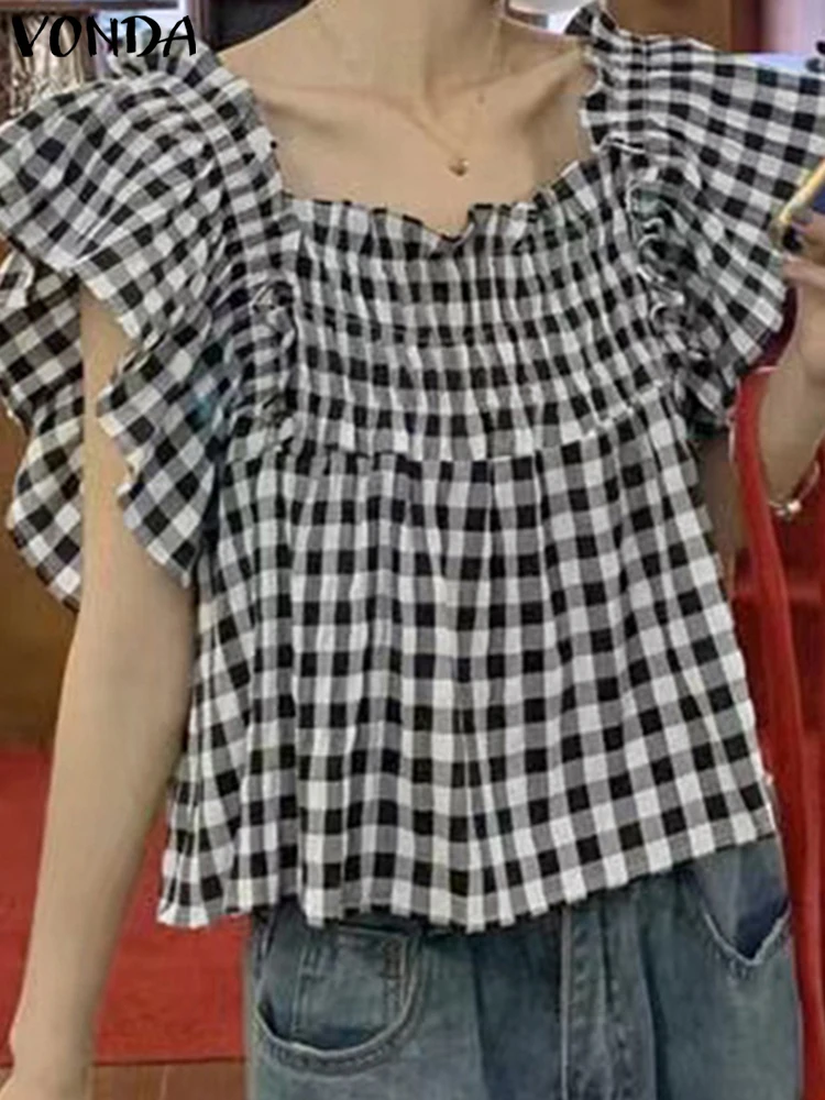 

VONDA Women Bohemian Summer Blouse Fashion Short Sleeve Ruffled Tops Vintage Plaid Blusas Femininas Casual Loose Pleated Shirts