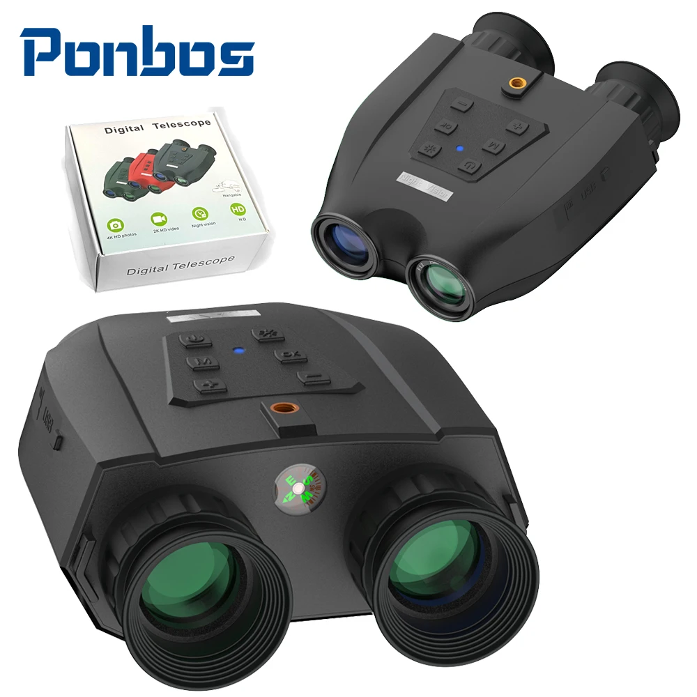 

Ponbos DT99 48MP 2.5K UHD 3D Binoculars Telescope 8X Digital Zoom 6X Optical 300M Infrared Night Vision Camera for Hunting