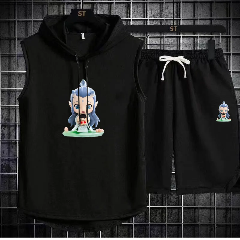 Nezha animation printed hooded vest shorts set spring summer men's suit