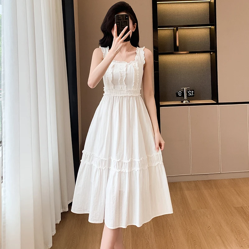 Mushroom edge suspender dress, summer new women's wide shoulder strap romantic temperament skirt, medium length skirt