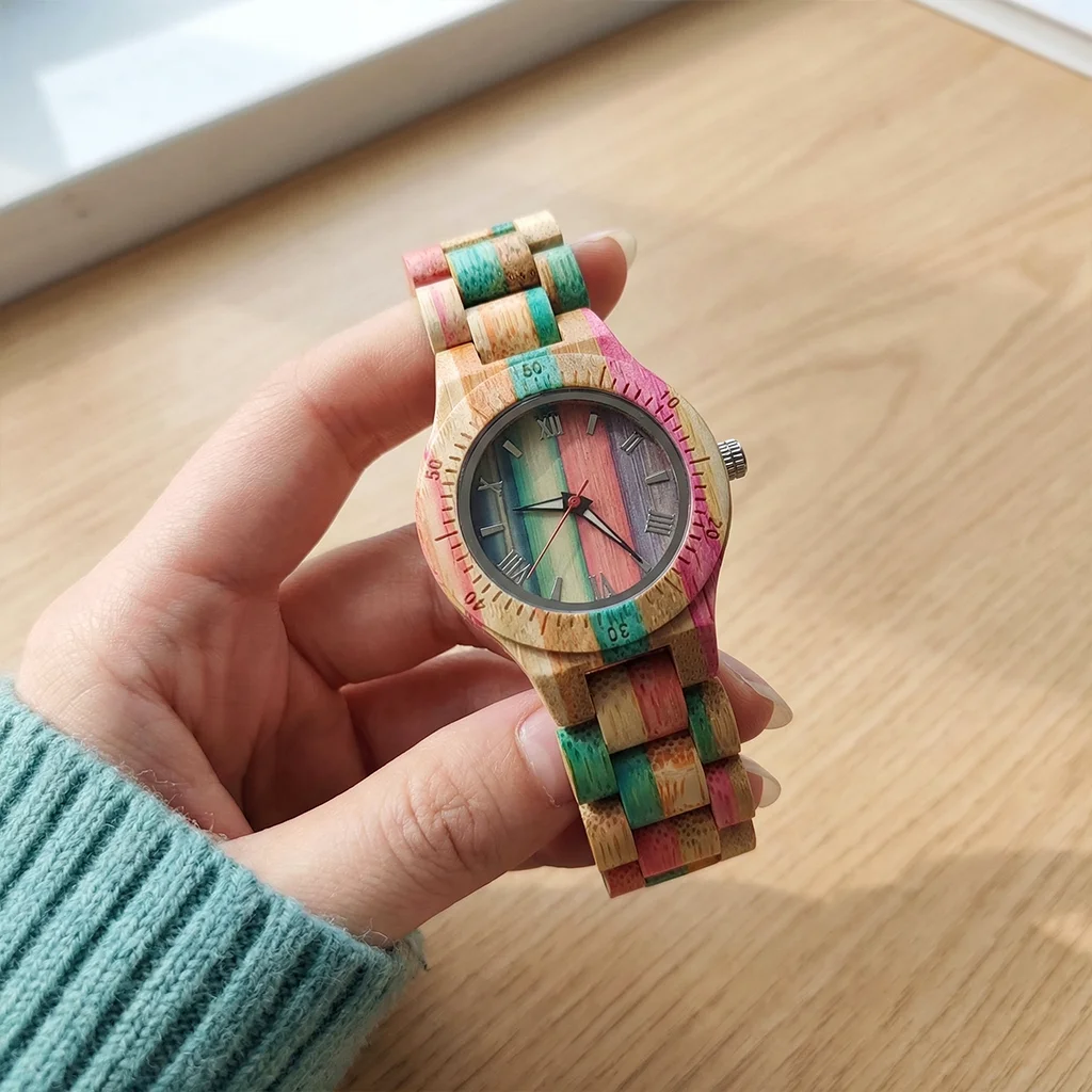 Women Watch Elegant Colorful Bamboo Wooden Watches Fashionable Color Band Clock Quartz Wood Wristwatches Woman Gifts for Lovers