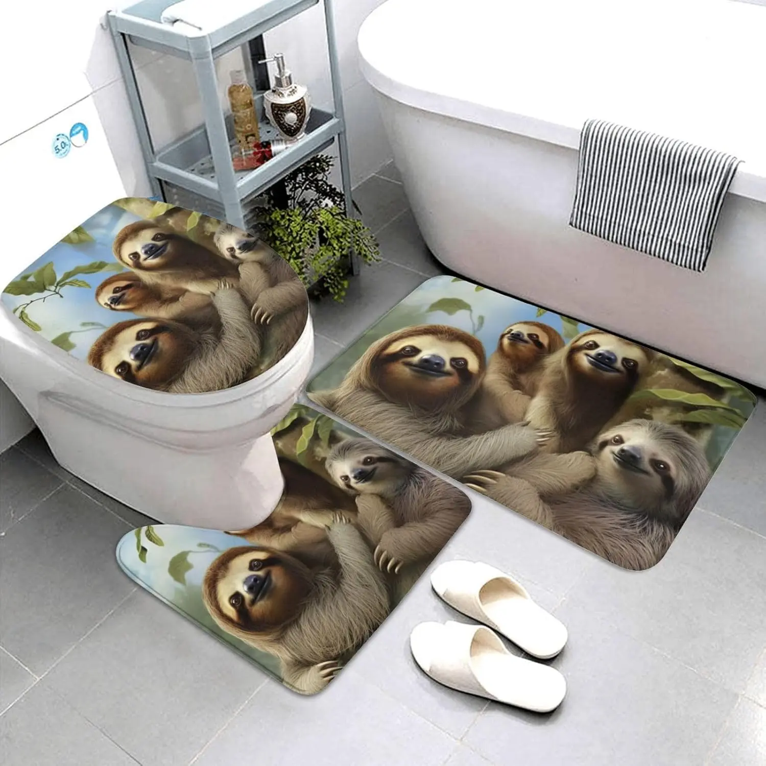 Sloth Family Bathroom Rugs Sets 3 Piece, Non Slip Absorbent Bath Rug U-Shaped Contour Toilet Rug with Toilet Cover