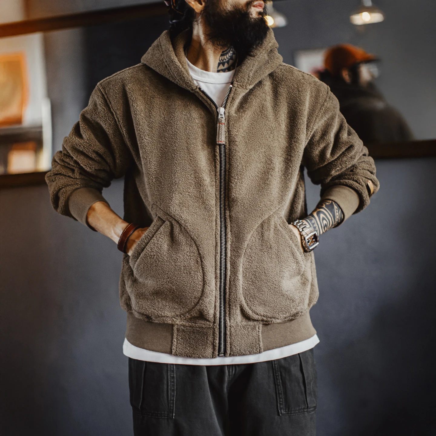 Maden Men‘s Vintage Fleece Zip Up Hoodie Jacket Winter Thick Warm Plush Hooded Coat Casual Outdoor Layering