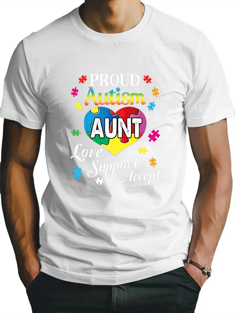 Proud Autism Aunt Love Support Accept Short Sleeve Tees Loose Man Tops New Men T shirt Cotton Print Tee Tops Fashion Clothing