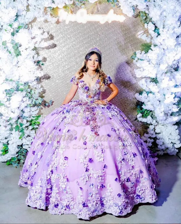 Lilac Lavender Vestidos de 15 quinceañera celeste Off Shoulder 3D Floral Chapel Train Corset Prom Robe princesses femme