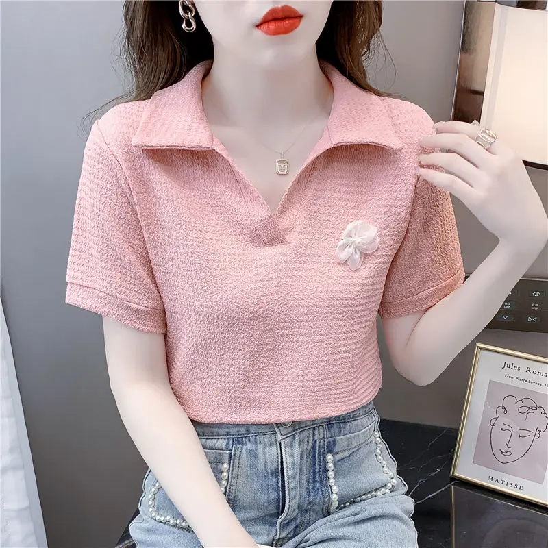 

Short Sleeved Women New Turn-down Collar Chic Beautiful T-shirt Polo Shirt Sweet Floral Summer Solid Casual Fashion Crop Tops