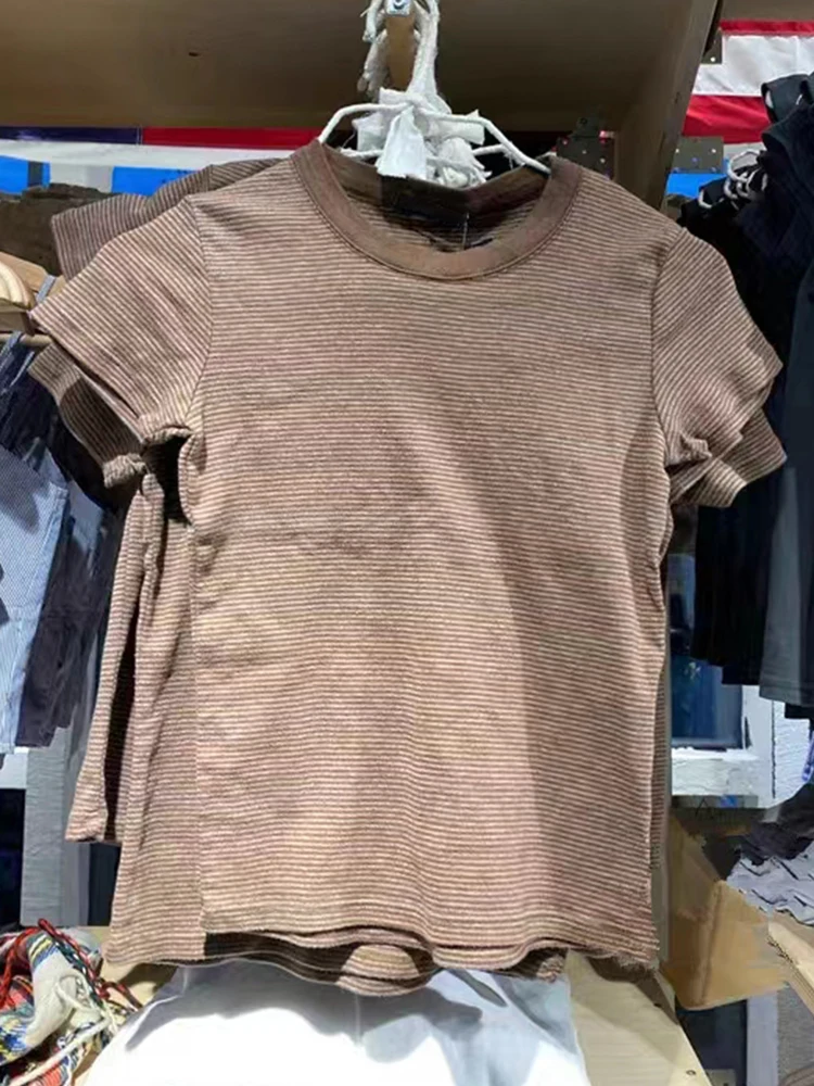Vintage klassische gestreifte schlanke T-Shirts Frauen Sommer braun o Hals Patchwork Kurzarm Crop Top Mode lässig Baumwolle y2k T-Shirts