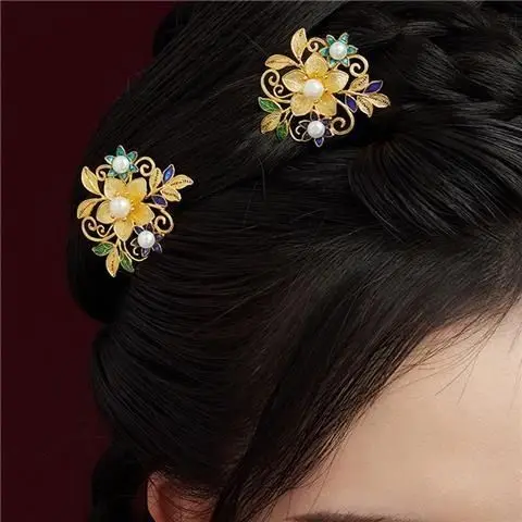 

Women's Filigree Inlaid Pearl Enamel Pure Copper Gold Plated Antique Hairpin Hanfu Bridal Ancient Coat Headwear Hairpin
