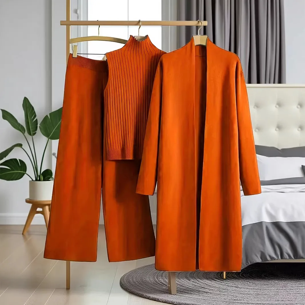 Women Cardigan 3 Piece Set Knit Sweater Coat Vest Wide Leg Pants Suit Knitted Trousers Ensemble Autumn Winter Office Lady 2026