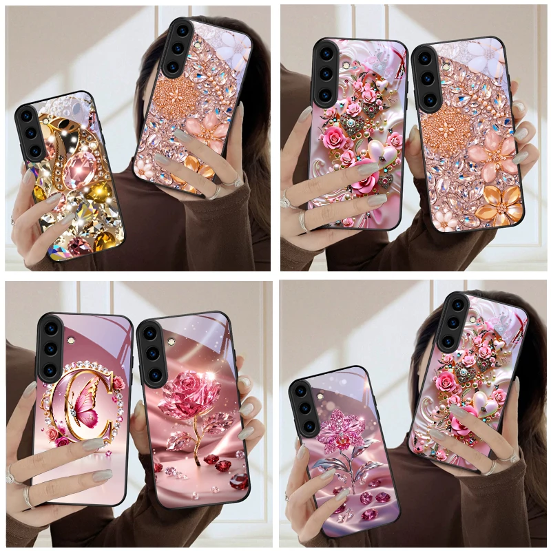 Golden Thread Starlight For Samsung Galaxy S26 Ultra S25 Edge S24 FE S23 Plus S22 S21 S20 S22+ S24+ S25 Black Glass Phone Case