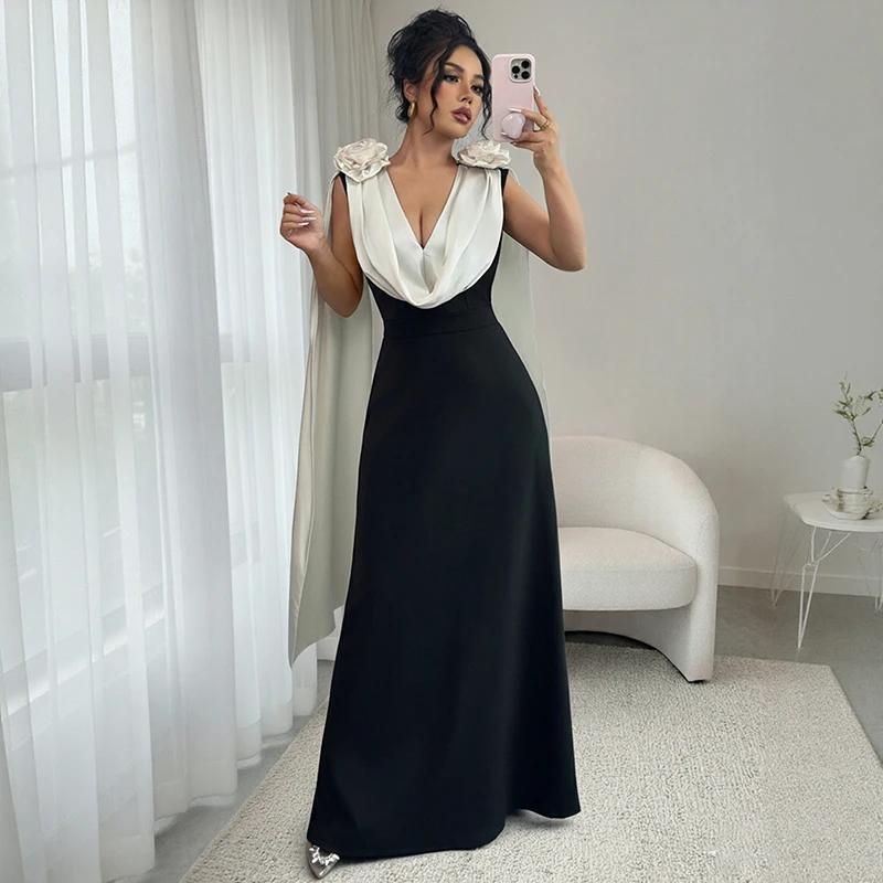 

Women Black White Contrast Maxi Dress Formal Evening Party Gown Deep V Neck Collar Flower Shoulder Cape Wedding Guest Dress