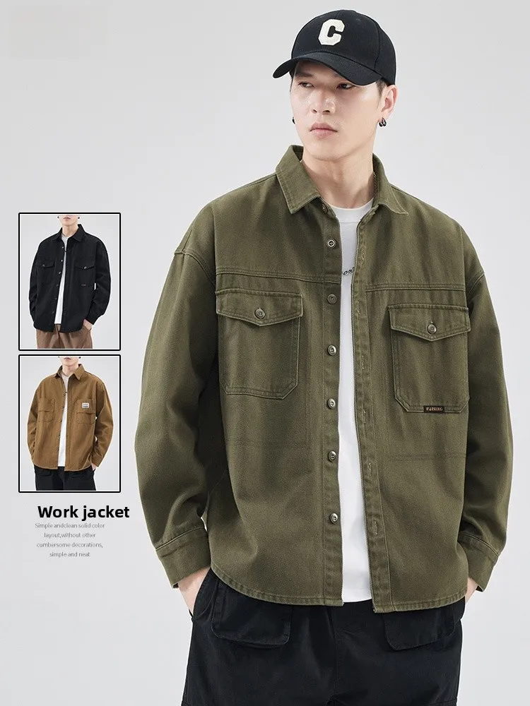 

Мужская повседневная хлопковая рабочая куртка свободного кроя с длинными рукавами, джинсовая куртка, осенняя верхняя одежда, американский стиль, молодежная мода, износостойкая.