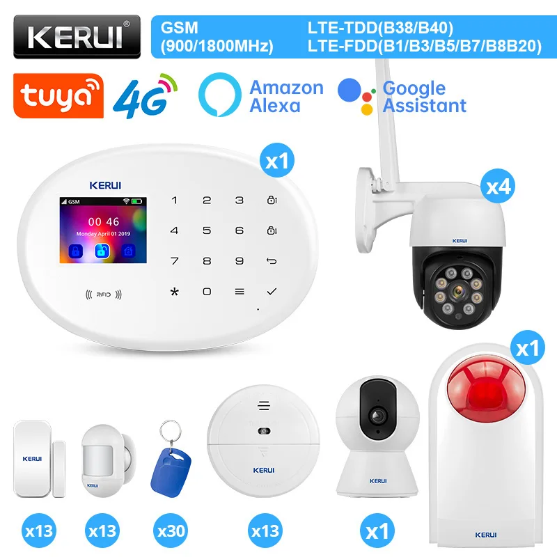 KERUI W204 4G WIFI GSM Alarm Wireless Home Alarm Alexa Tuya Smart Motion Sensor Detector Door Sensor RFID Card Siren