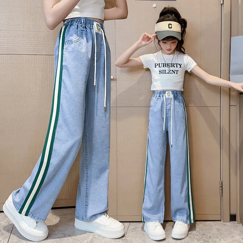 Kids Stylish Thin Jeans with Side Patchwork for Girls High Fashion Streetwear New Arrival Summer Denim Pants Child Trousers
