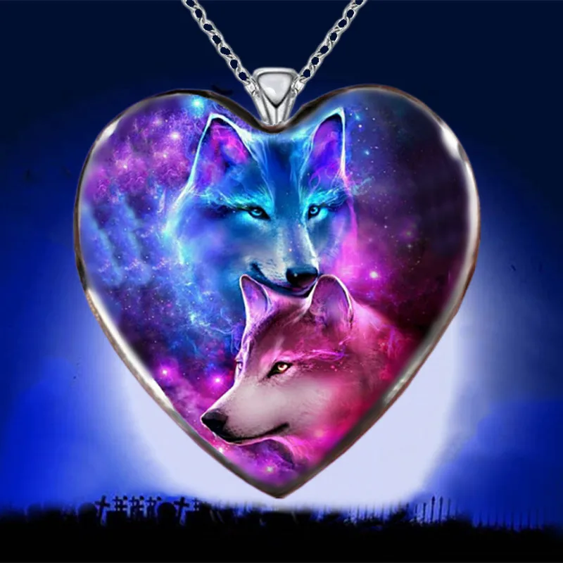 Fashion Couple Animal Wolf Head Heart Crystal Pendant Indian Wolf Necklace Punk Necklaces for Women Stainless Steel Jewelry Gift