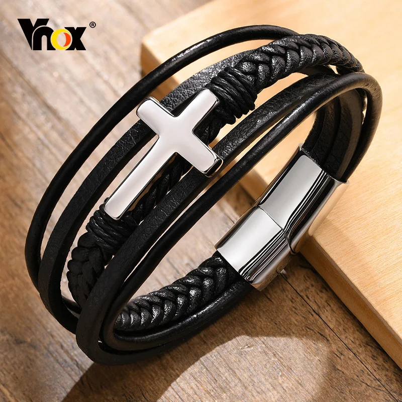 Vnox Cross Bracelets for Men, Black Braide Leather with Cross Charm Bangle, Casual Layered Christ Faith Wristband