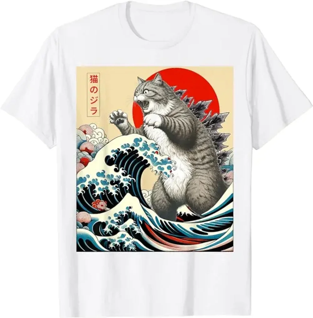 Catzilla Cat Japanese Art Fun Cat Gift Women\'s T-shirt High Quality Round Neck Short Sleeve T-shirt 61318