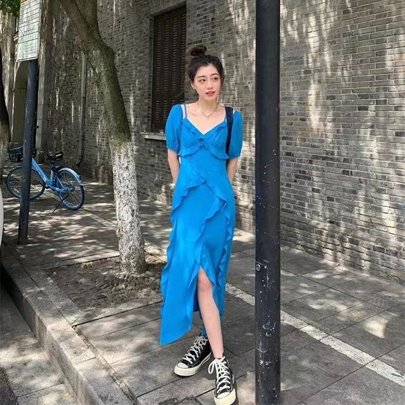 Summer Rompers Floral Women Ankle-length Dresses Hollow Out Fashion Split Fork Ruffles French Elegant Skirt Clothing Blue Black