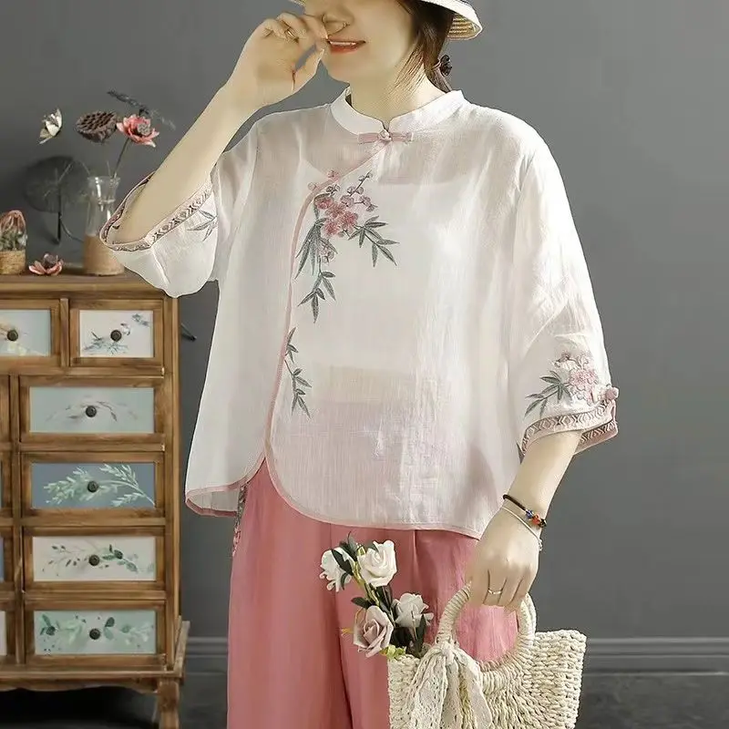 New Women Chinese Style Vintage Embroidery Blouses Stand Collar Irregular Loose Thin Shirts Elegant Cotton Linen 3/4 Sleeve Tops