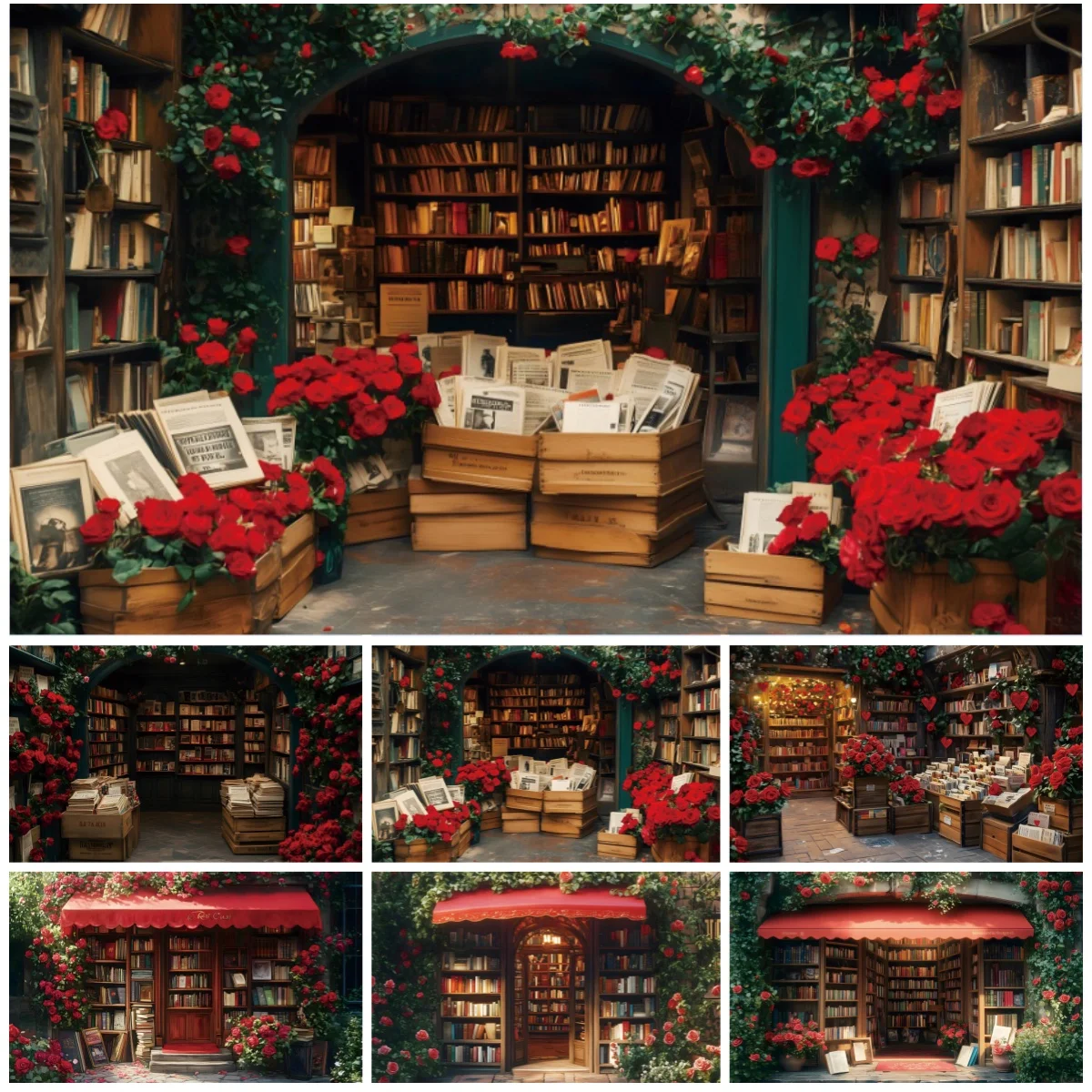 Vintage Bookstore Backgrounds For Photograph Bookshelf Wooden Crate Floral Romantic Party Reading Corner Portrait Decor Backdrop