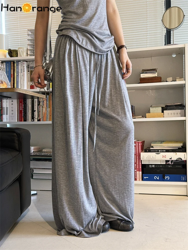 

HanOrange 2026 Summer Elastic Drawstring Wide Leg Pants Women Loose Drop Feel Trousers gray