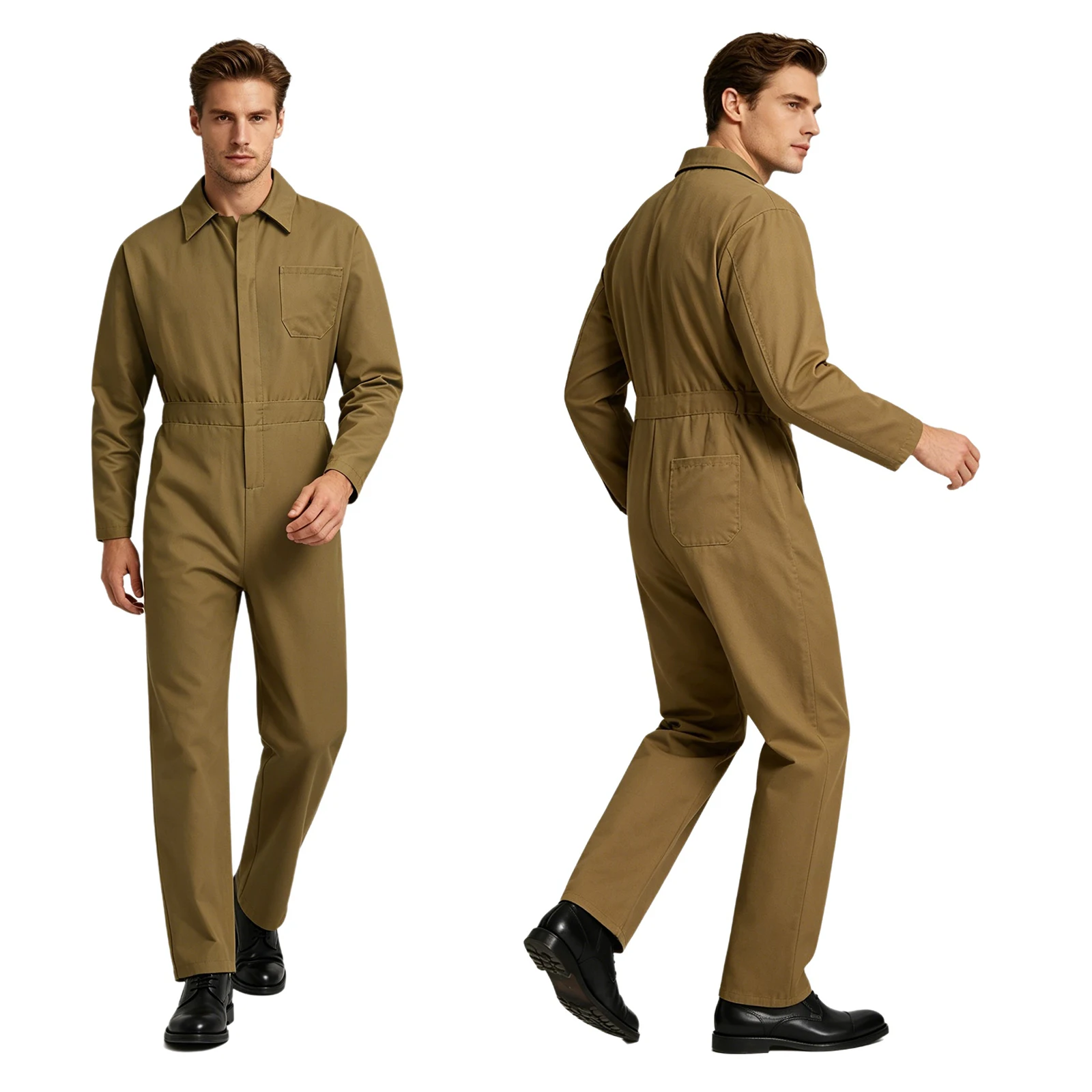 Mens  Front Solid Color Coverall Style Jumpsuit Long Sleeve Turndown Collar Zipper Closure Rompers Work Overalls Costume