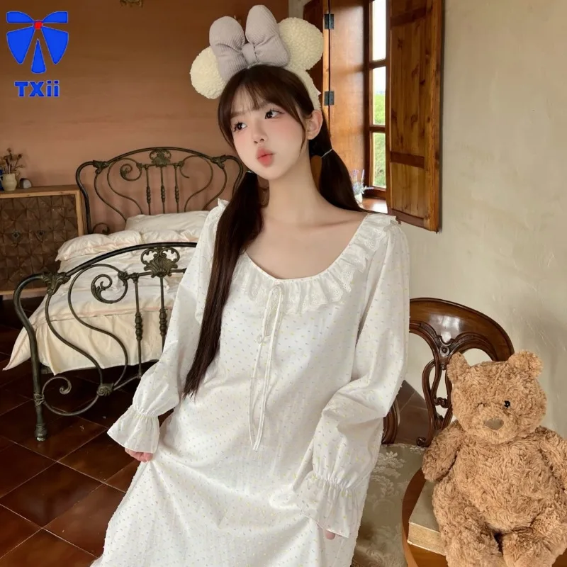 Princess Style Ice Silk Nightdress Korean Style Girl's Home Clothes Spring Autumn New 2024 Round Neck Cute Pajamas Long Sleeve