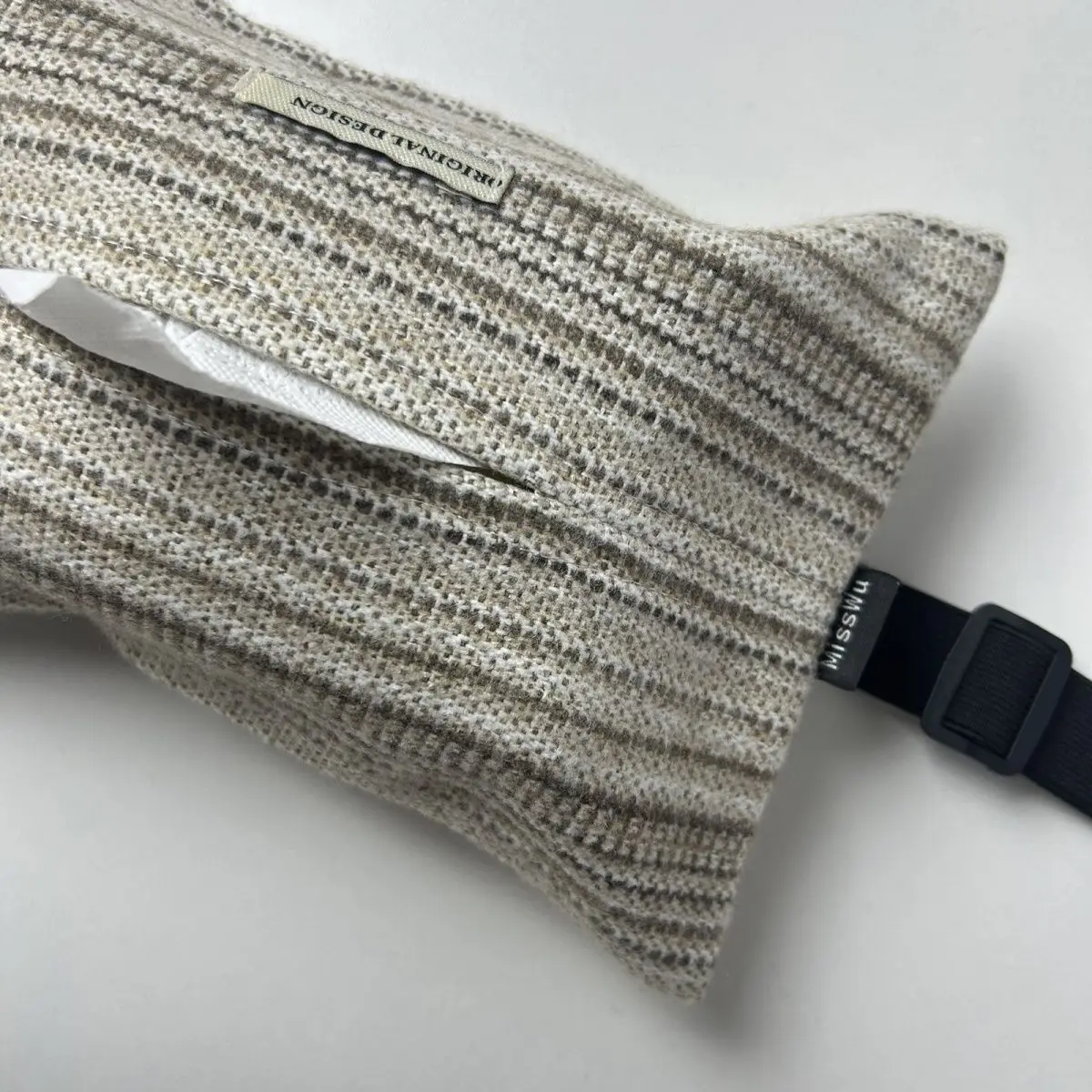 Portable Car Tissue Holder Beige Woven Fabric Kleenex Dispenser Box Case with Adjustable Strap for Vehicle Seat Back Travel