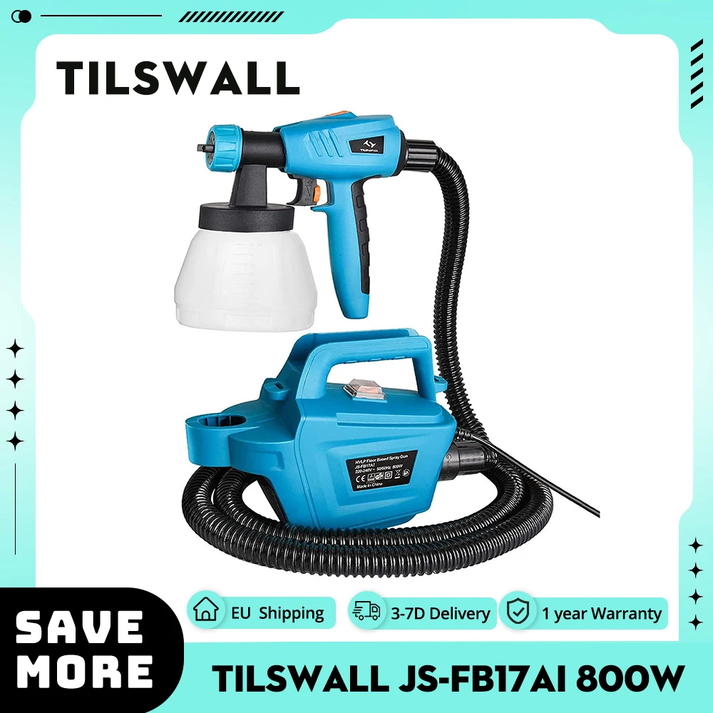 Tilswall JS-FB17AI 800W Paint Sprayer, 1100ml/min Spray Speed 1300ml Detachable Tank 3 Nozzles Sizes 2.5m Air Hose 3m Power Cabl