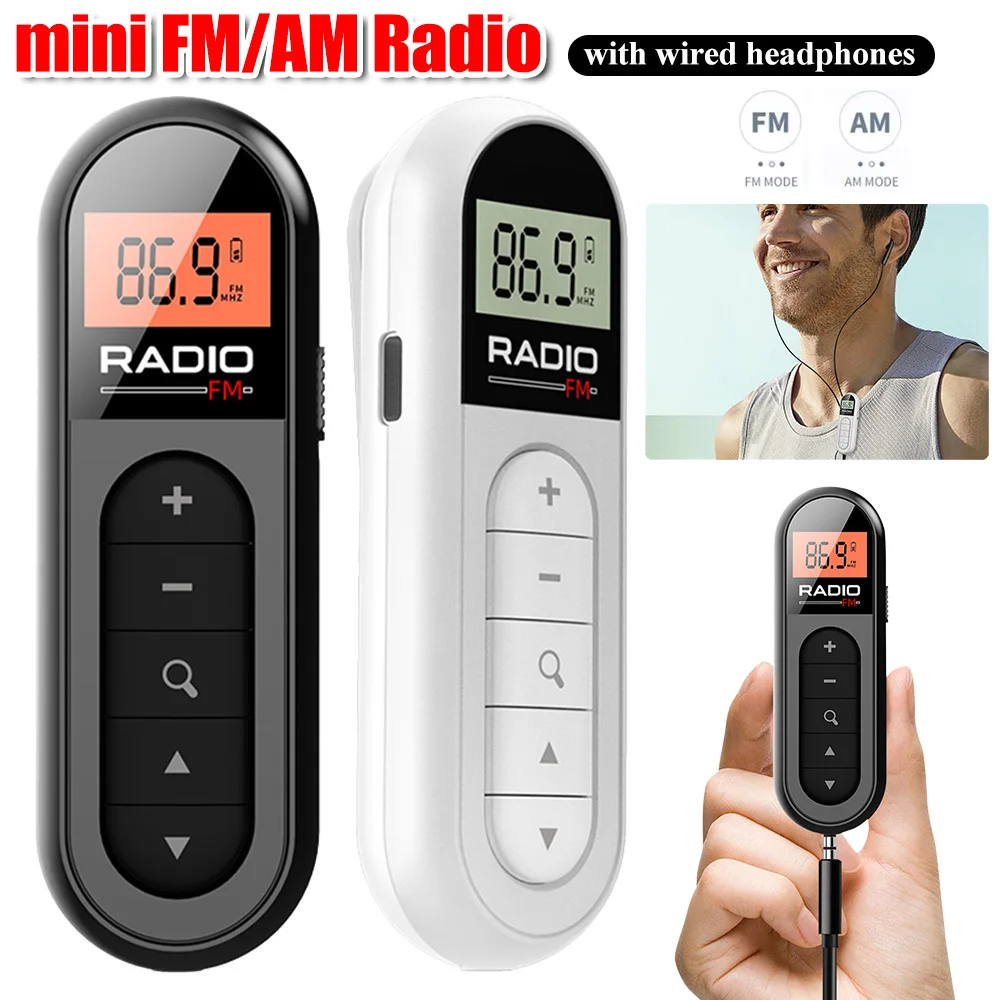 FM Radio Backlight LCD Display Mini Pocket Clip Radio with 3.5mm Headphones Personal Walkman Radio for Walk Jogging Camping