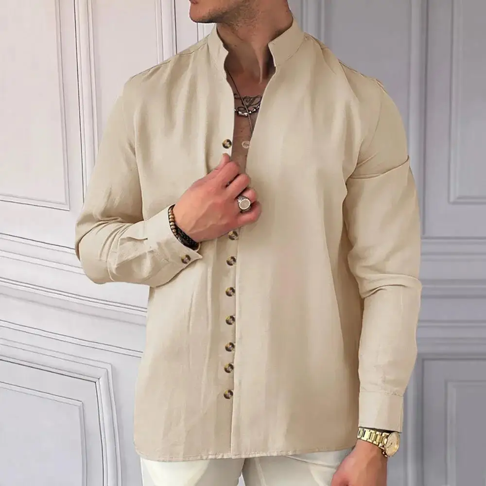 2025 린넨 남성 긴팔 셔츠 캐주얼 베이직 스타일 패션 싱글 브레스티드 셔츠 무슬림 남성 의류 헨리 남성 버튼업