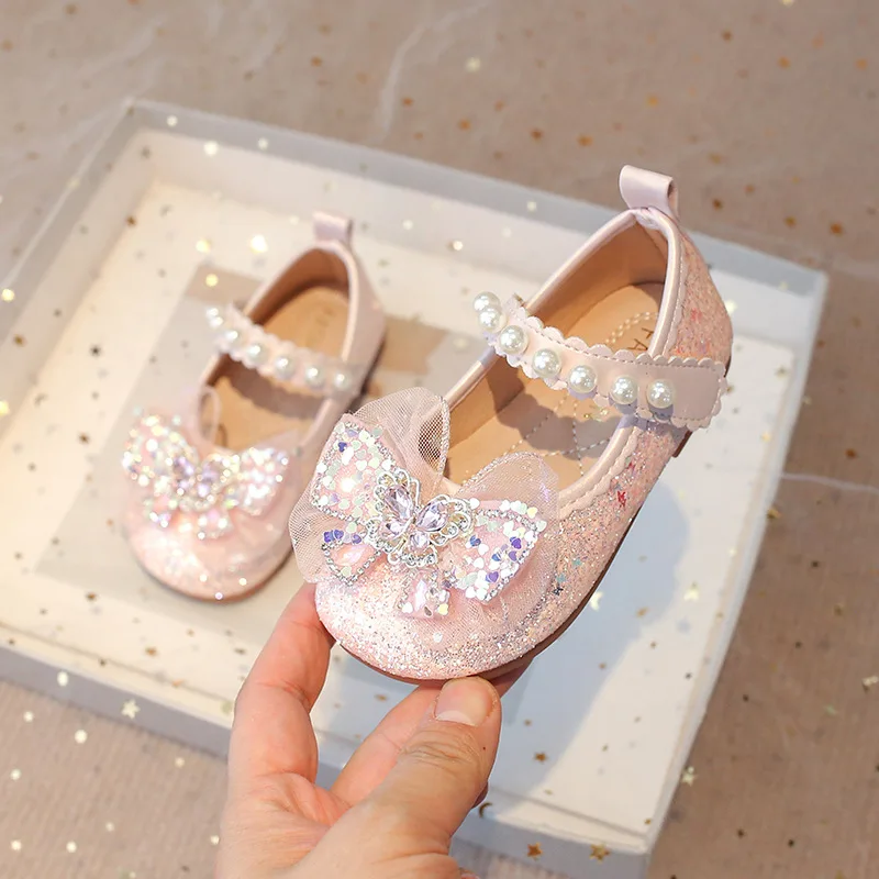 

New Spring Summer Leather Bow Shoes for Girls, Soft Soles, Non-slip, Princess Performance Dance, Baby Walking Shoes, Fashionable