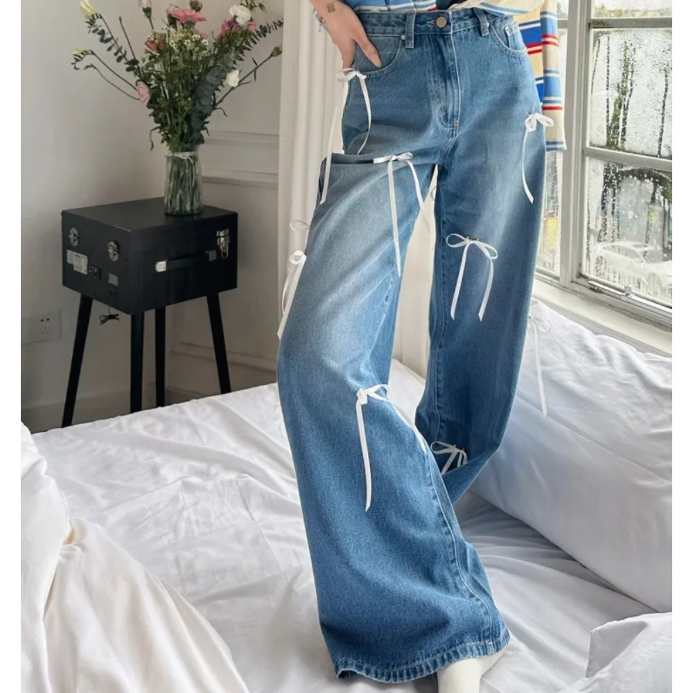 

Весенние прямые женские джинсы с широкими штанинами и высокой талией в стиле ретро с бантом