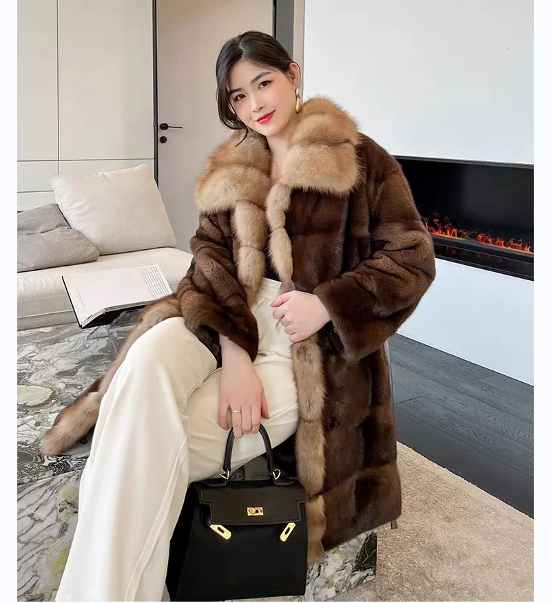 Long Mink Fur Coat for Women, Purple Mink Fur Lapel, 100% Genuine Mink Fur Jacket, European Street Style, Very Warm, 2023