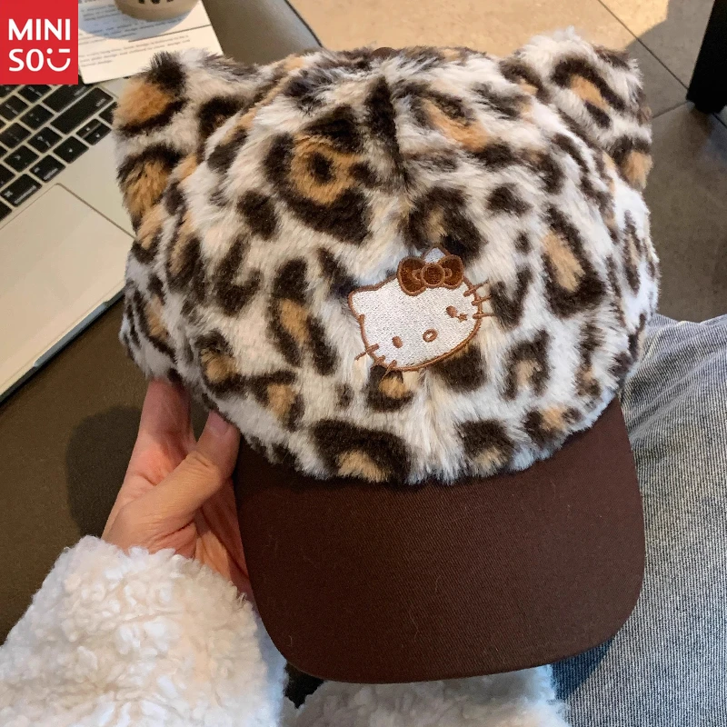 

Miniso Leopard Print Kitty Hat with Embroidered Ears, Plush Baseball Cap for Women & Girls