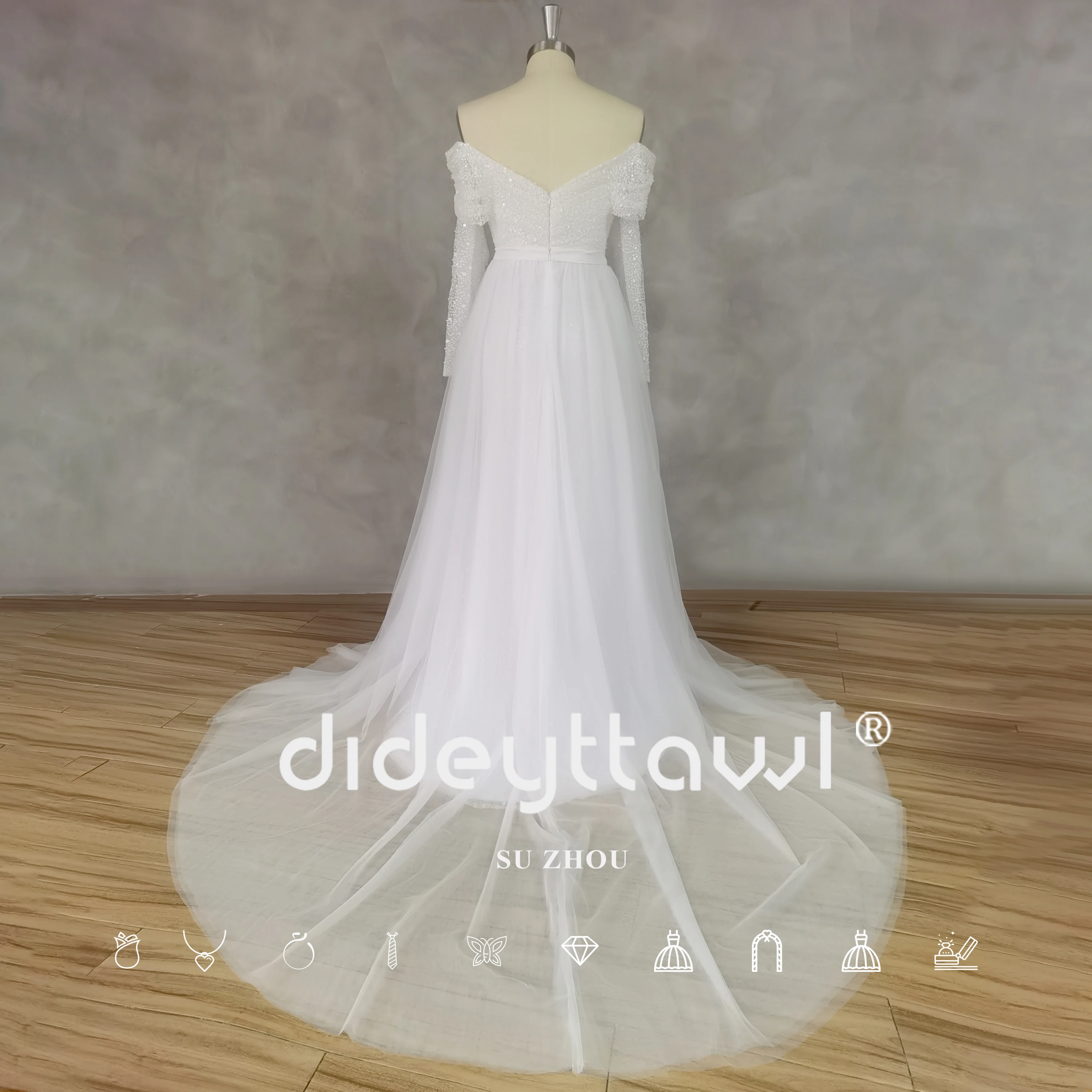 DIDEYTTAWL Real Picture Off-Shoulder Long Sleeves Shiny Tulle Wedding Dress Zipper Back Detachable Court Train Bridal Gown