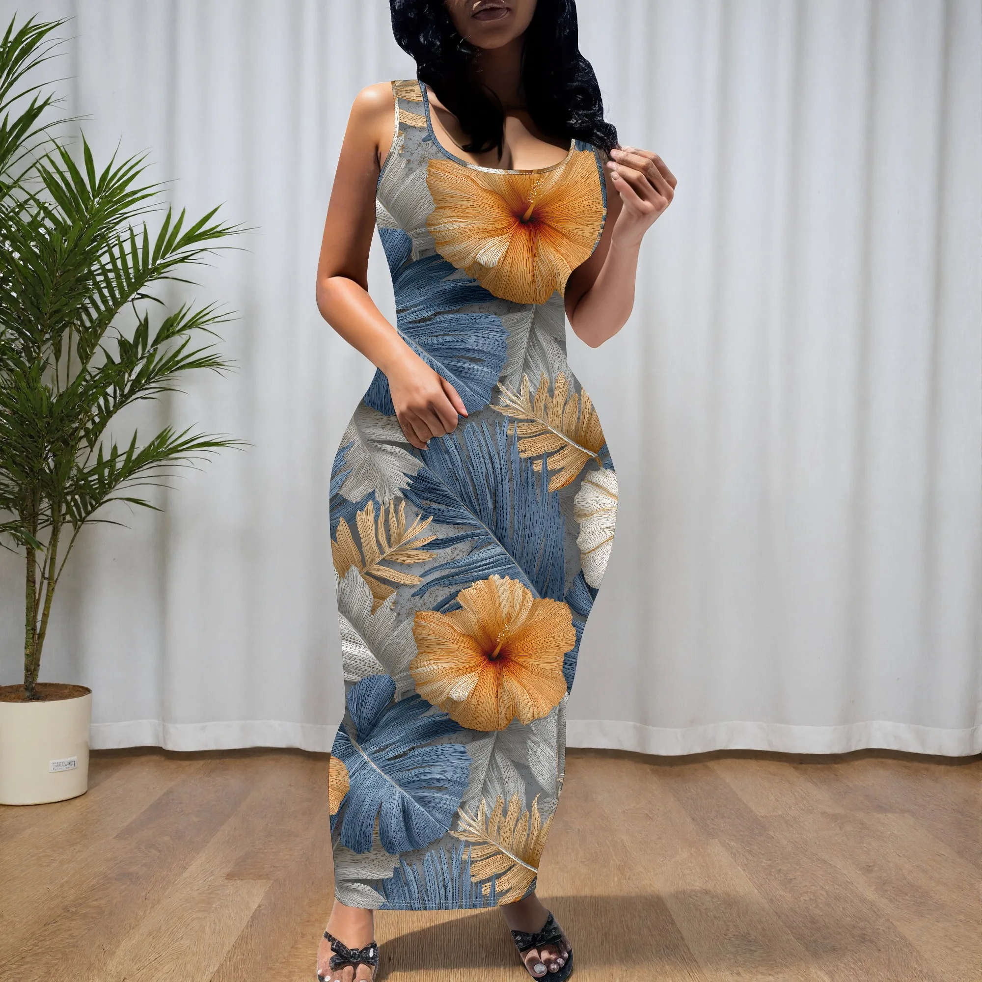 Floral Print Maxi Dress, Tropical Hibiscus Pattern Tank Dress, Summer Beach Vacation Sundress for Women, S-2XL