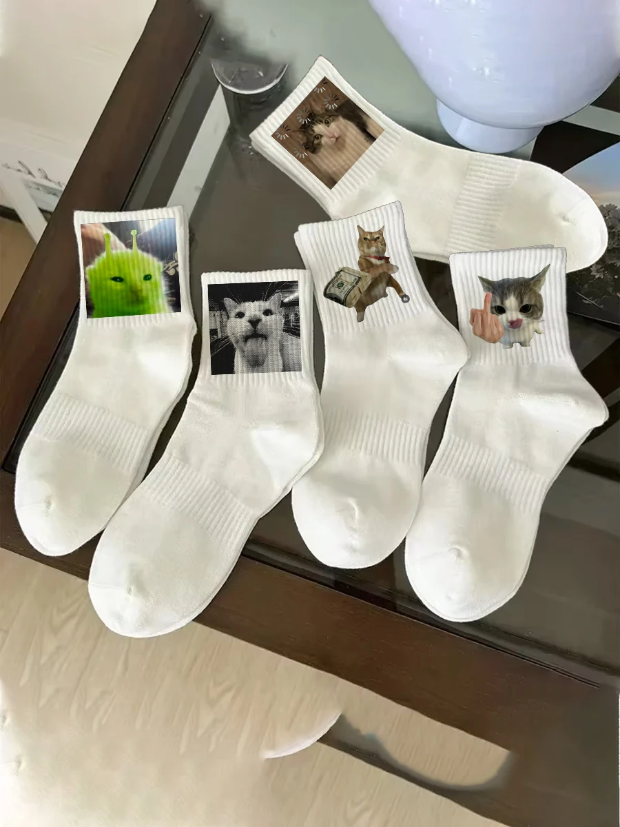 5Pairs 2026 Funny Cat Meme White Socks WoMen Soft Breathable Sports Long Socks Plus Size Autumn Winter Absorb Sweat Novelty Sock