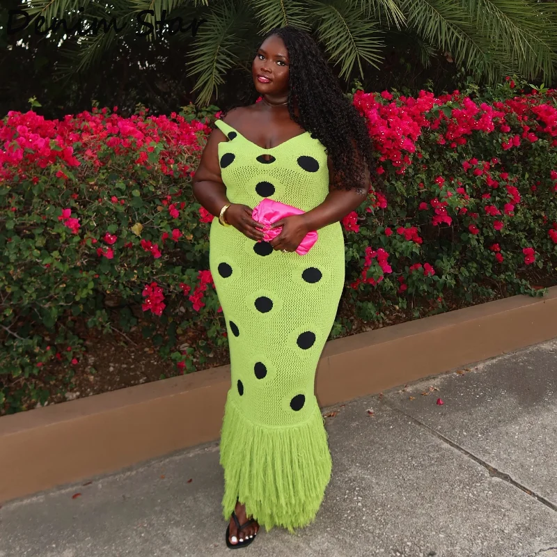

Black Polka Dot Knitted Dress V Neck Hollow Out Fringe Hem Long Maxi Dress 2025 Summer New Women's Elegant Party Evening Gown zz