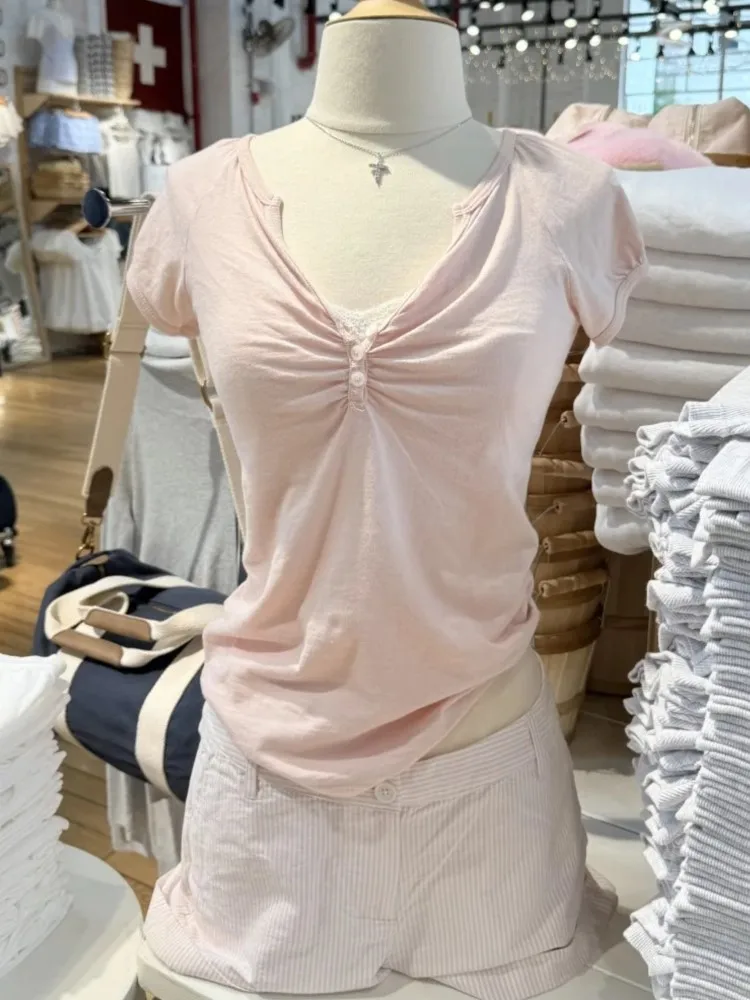 Sweet Pink V-neck Buttons Fold T-shirts Women Summer Casual Cotton Slim Short Sleeve Tee Simple Cute All-match Tshirt Y2K Tops