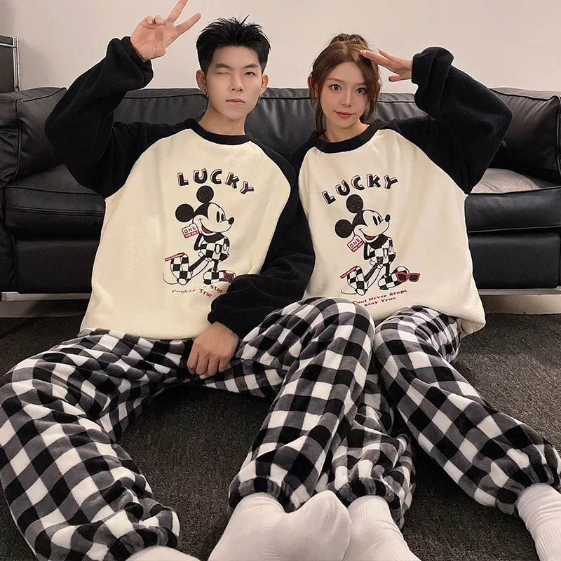 Cartoon Disney couple pajamas winter men\'s loungewear round neck long-sleeved trousers two-piece set new Mickey women\'s pajamas