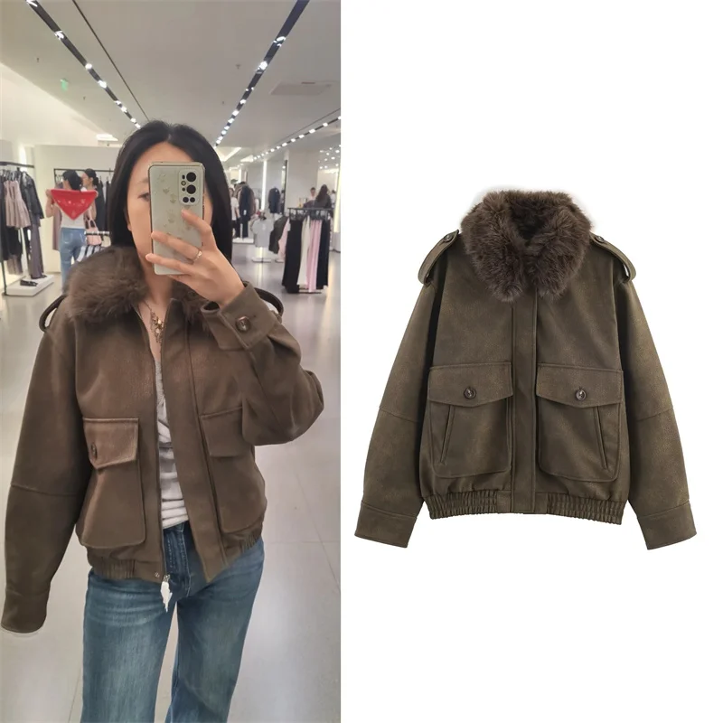 

Women's Coat 2025 Autumn New Style Army Green Long Sleeve Suede Effect Faux Fur Collar Jacket Casual Fashion Versatile Personal