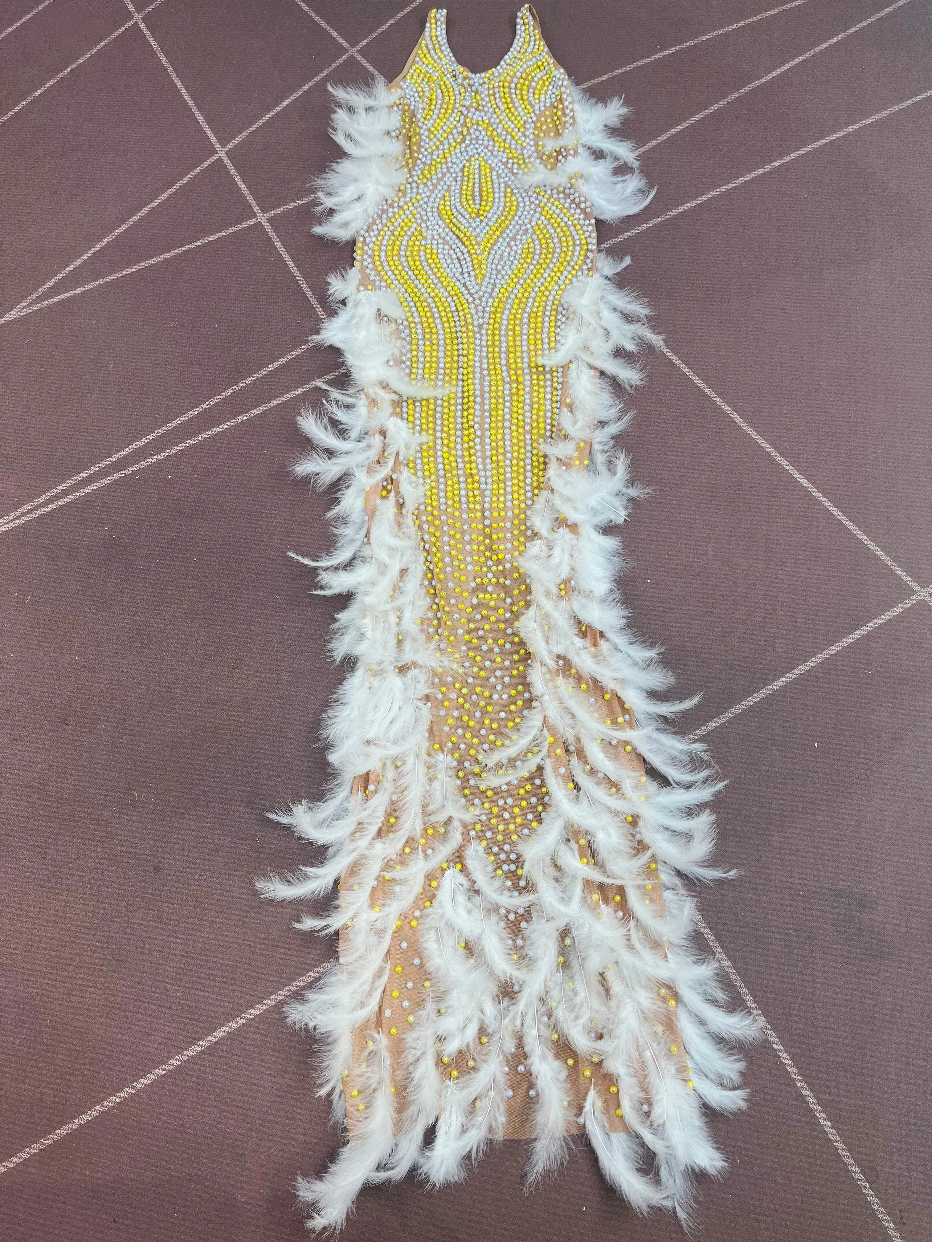 High-end Shiny Pearls Handmade Feather Mesh Dress Evening Cocktail party Elegant Gown FashionShow Red carpet Stage Outfit Zhuhai view 6
