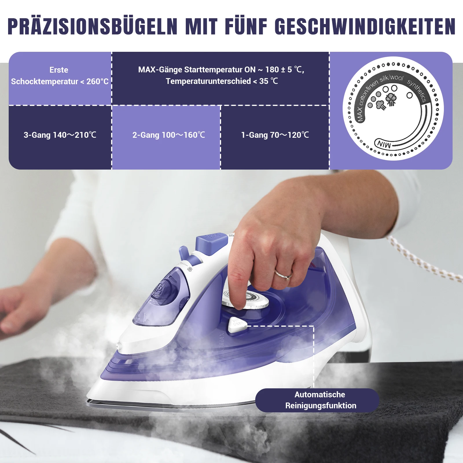 مكواة بخار محمولة بقدرة 3000 وات من BRIEFNESS، خزان 350 مل، قاعدة غير لاصقة، ترموستات قابل للتعديل، مضادة للتنقيط/مضادة للميزان، المنزل/السفر