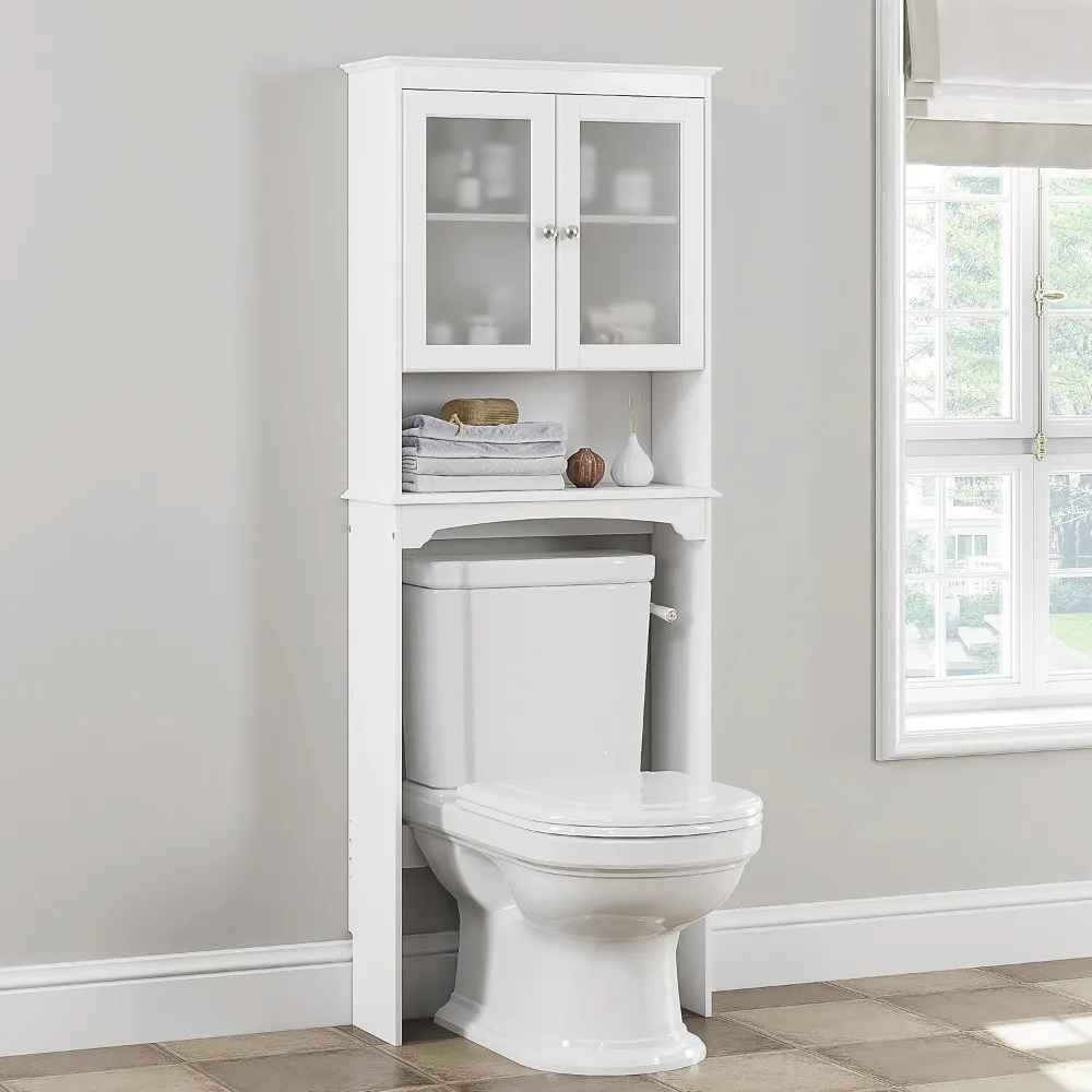

White Over-the-Toilet Storage Cabinet with Glass Doors and Behind Toilet Organizer