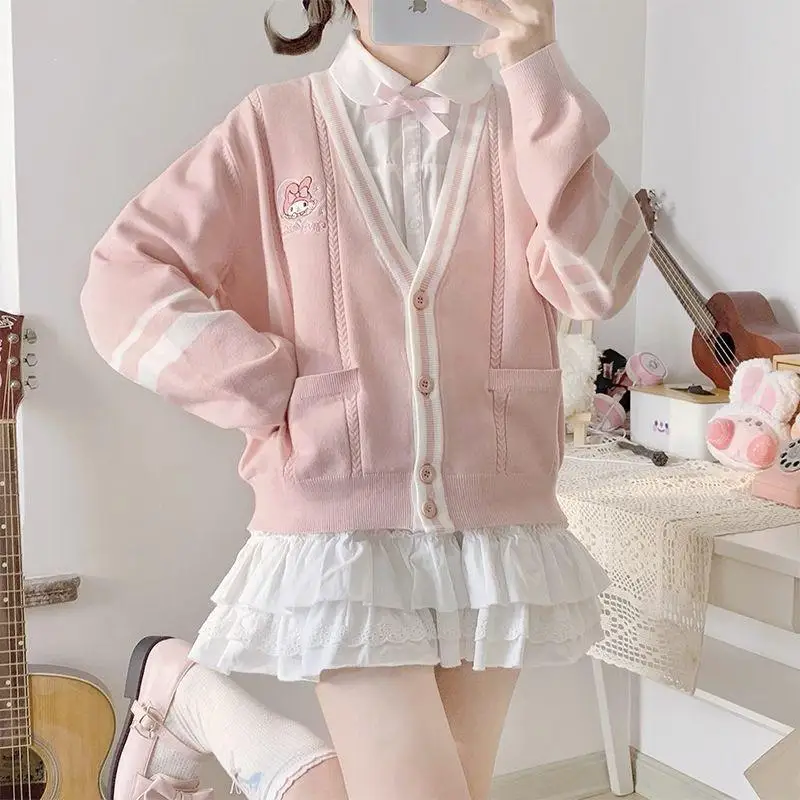 Sanrio Kawaii My Melody Embroidery Knitted Sweater Women Cartoon Cinnamoroll Kuromi Anime Y2K Girl College Style Cardigan Coat