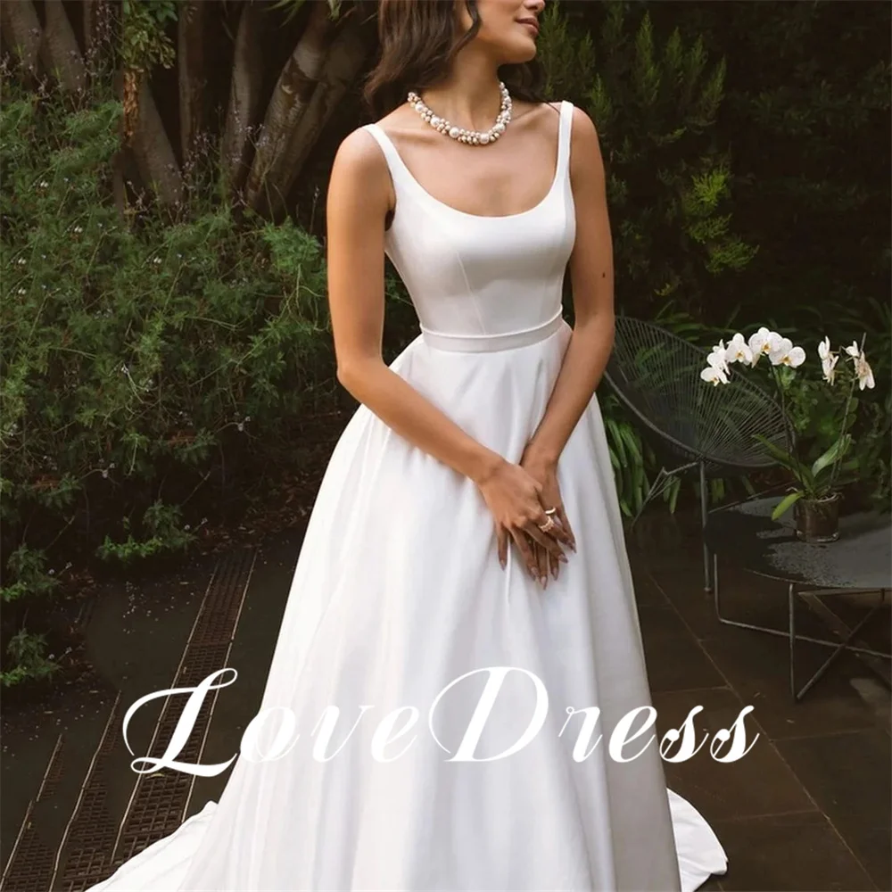 Customized Elegant Pastoral A-Line Spaghetti Stain Square Collar Wedding Dresses Sleeveless Floor Length Bridal Gowns Vestido