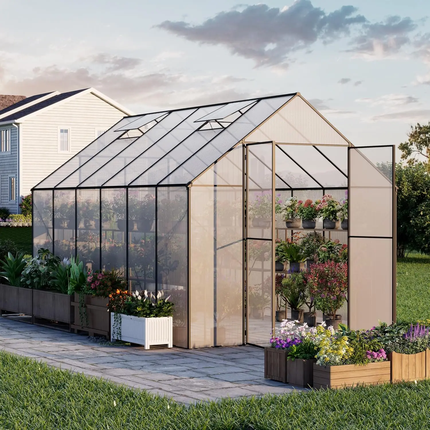 Walk-in Greenhouse Polycarbonate Aluminum Frame Lockable Door Adjustable Vent UV Protection Outdoor Garden, Customized