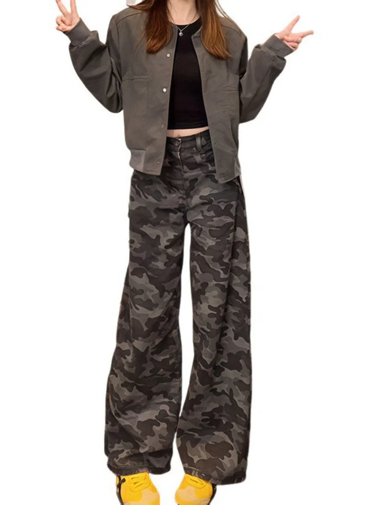 American Sle Camouflage Work Pants Women's plus Size Loose Straight Leg Trousers High Waist Wide Leg Long Trousers